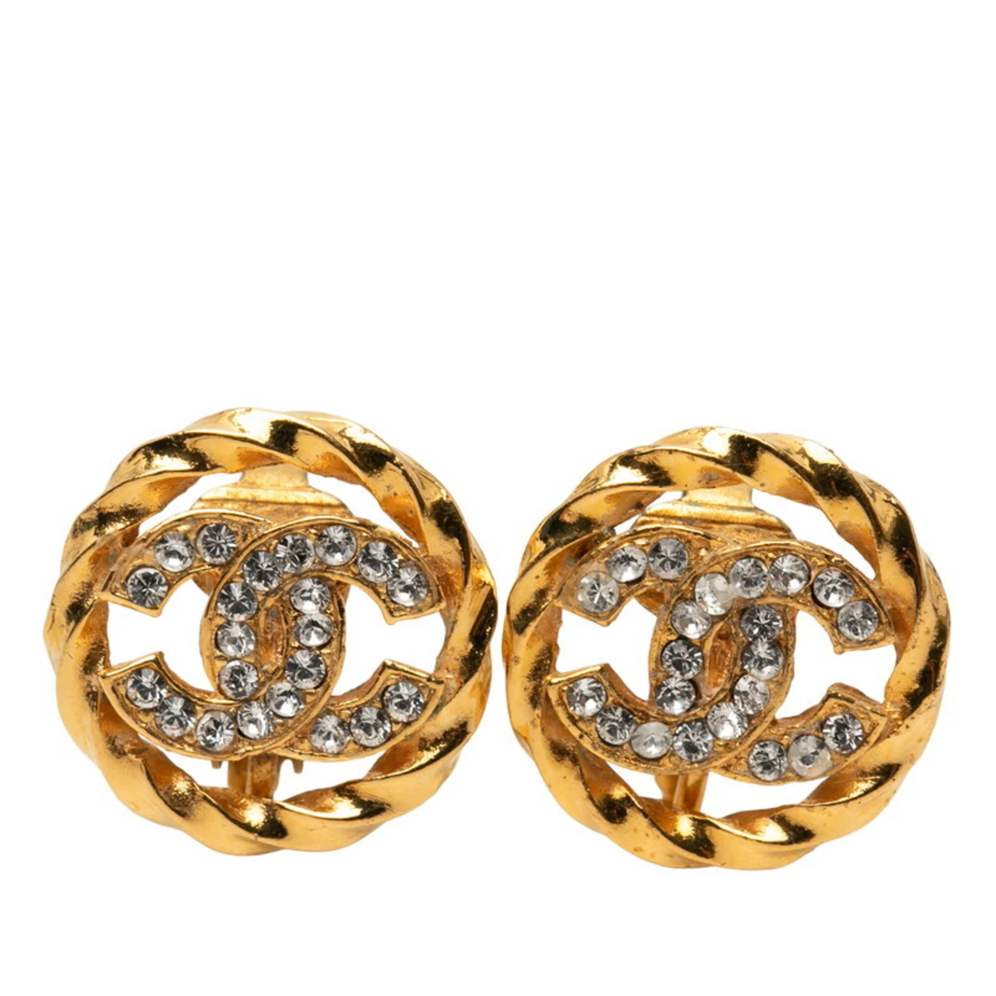 Chanel Coco Mark Round Earrings, Gold Plated, Rhinestone, Women's Chanel